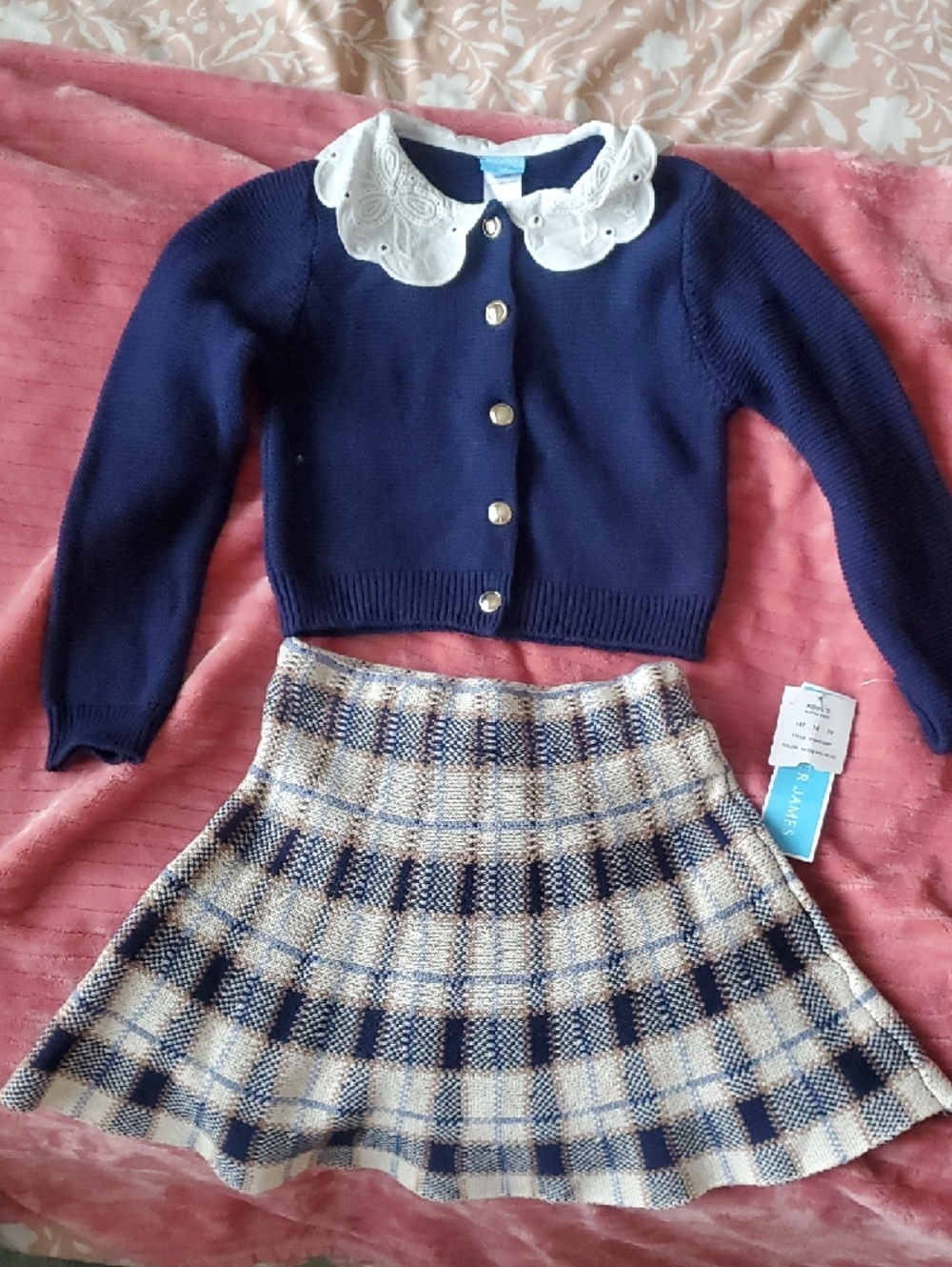 Draper James Navy Sweater and Plaid Skirt Set